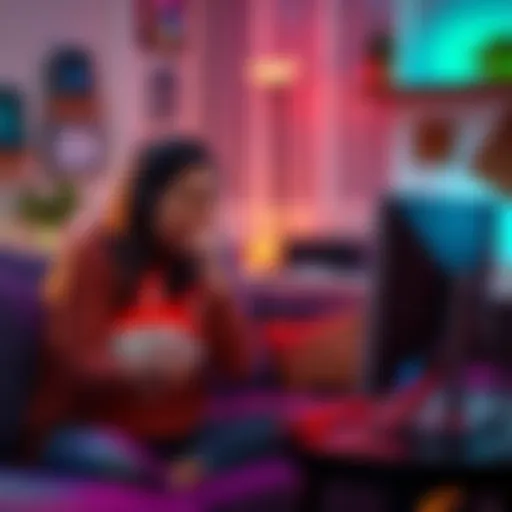 A happy couple collaborating on a video game, focusing on building resources and a base together, surrounded by a cozy gaming setup.