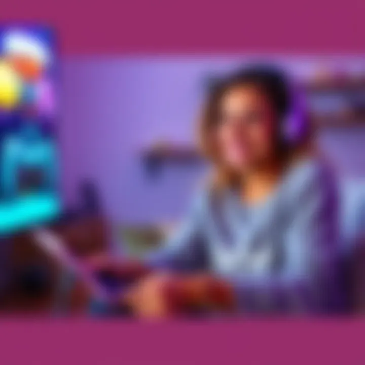 A young couple enjoying video games, with a focus on cute and colorful game graphics