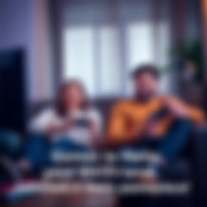 A man and woman sitting on a couch, both focused on playing video games. The woman holds a controller and looks excited while the man points at the screen, showing her how to play.