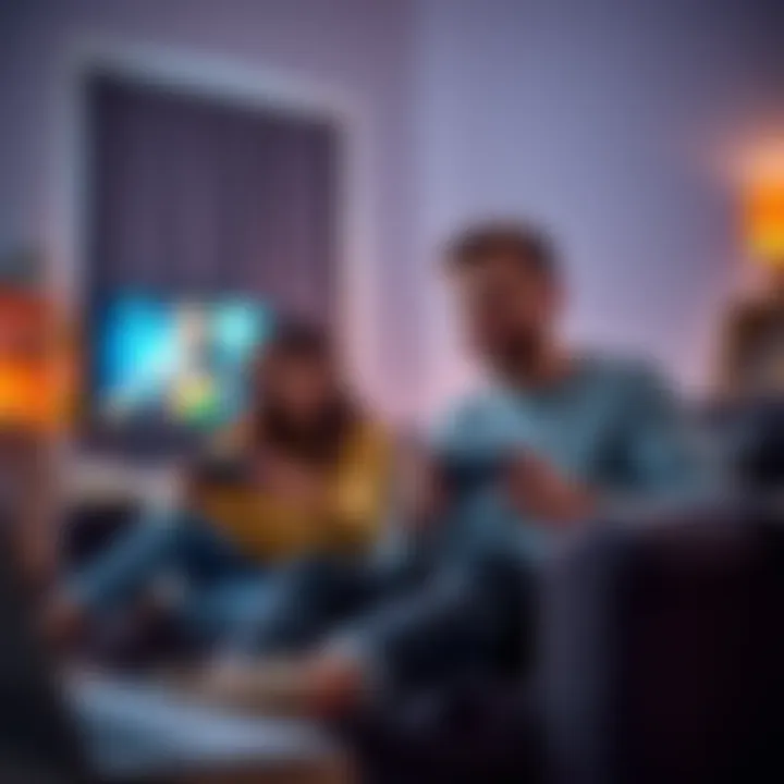 A couple enjoying a cooperative video game on a couch, gaming console in the background