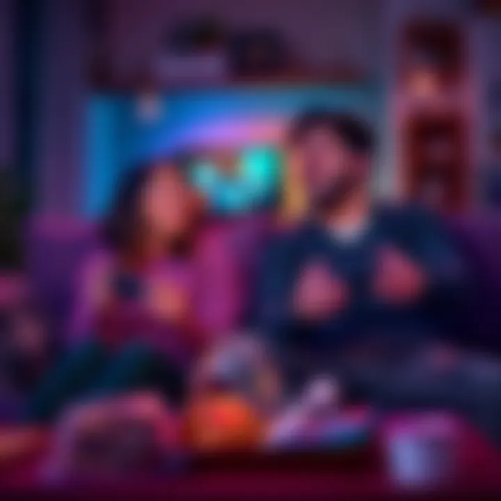 Couple playing video games together A couple enjoying a co-op video game on a couch with game controllers, surrounded by snacks and a cozy atmosphere.