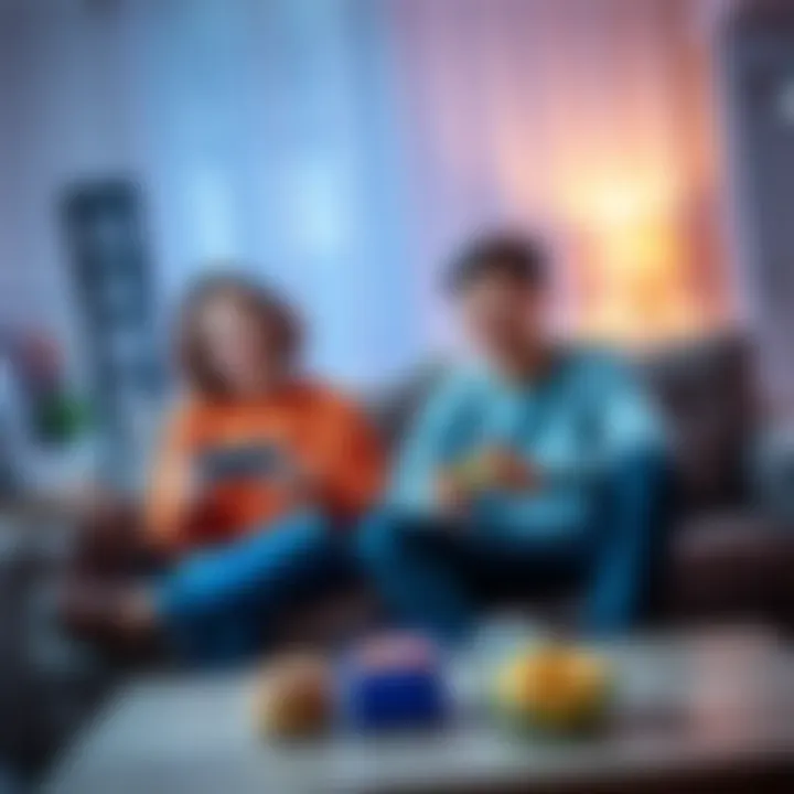 A young couple sitting on a couch, smiling and playing cooperative video games on a console, with snacks on a table nearby.