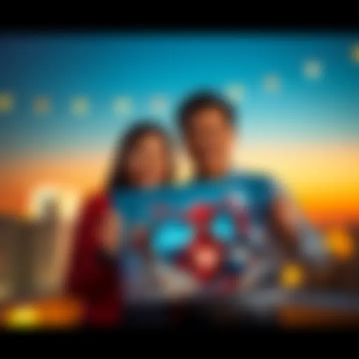 A happy couple shows their new Displate featuring Spider-verse characters, celebrating their anniversary with joy