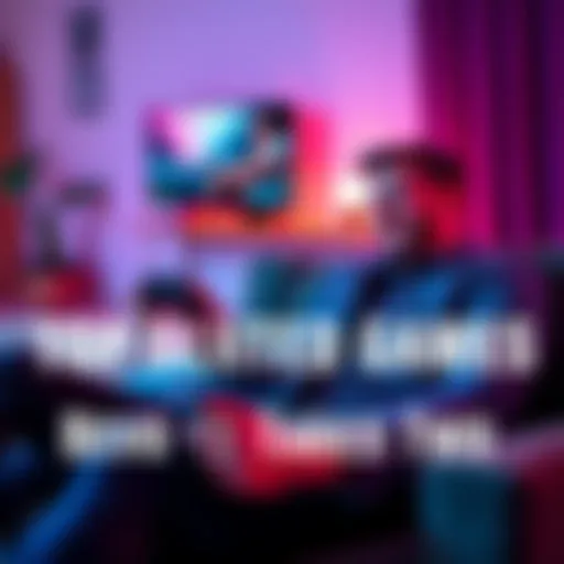 A couple sitting on a couch playing a cozy splitscreen video game together, with game controllers in hand and a calm atmosphere around them