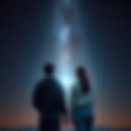 A couple stands together under a starry sky, feeling a strong connection as they look towards a distant light, symbolizing their unique encounter.