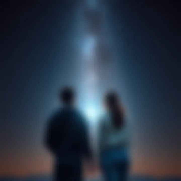 A couple stands together under a starry sky, feeling a strong connection as they look towards a distant light, symbolizing their unique encounter.