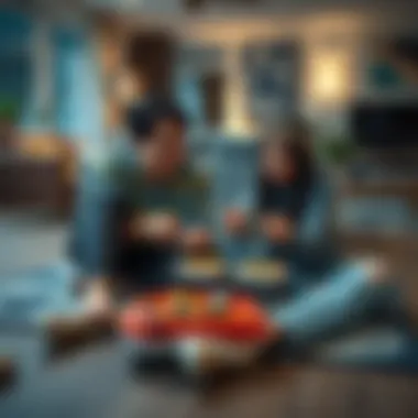 A couple sitting on the living room floor, sharing sushi and playing Rocket League together