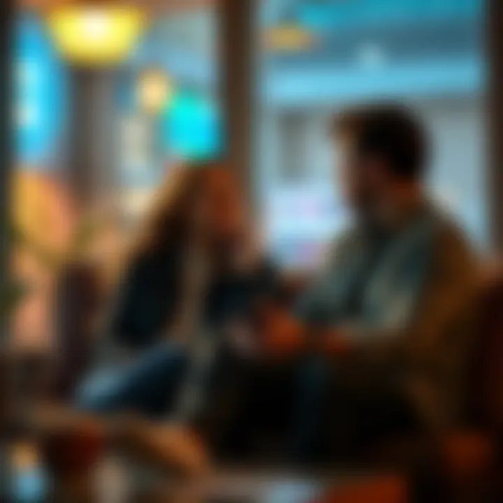 Two people talking A couple sitting together, engaged in a thoughtful conversation with open body language, surrounded by a cozy atmosphere.