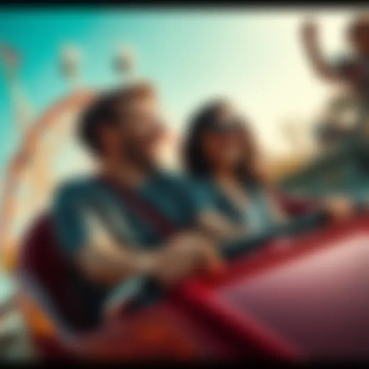A couple enjoying a day at an amusement park, showcasing excitement and thrill while on a roller coaster.