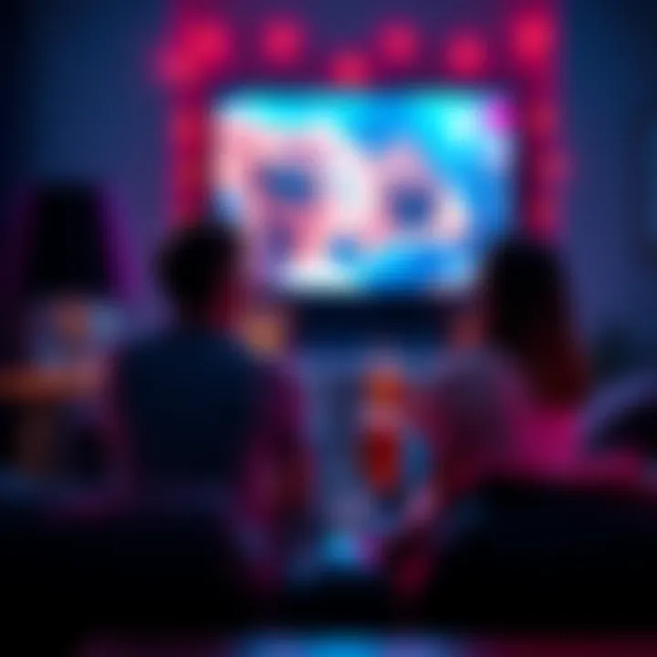 Couple Watching TV Together A man and woman sitting on a couch watching a romantic movie, surrounded by snacks and drinks, showing comfort and intimacy