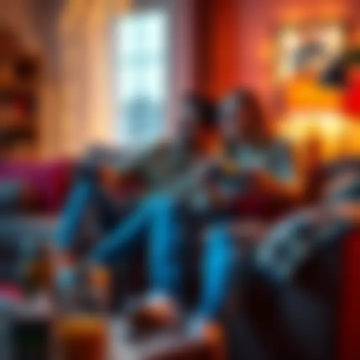 A couple sitting on a couch, playing video games together with smiles, surrounded by snacks and a cozy setup