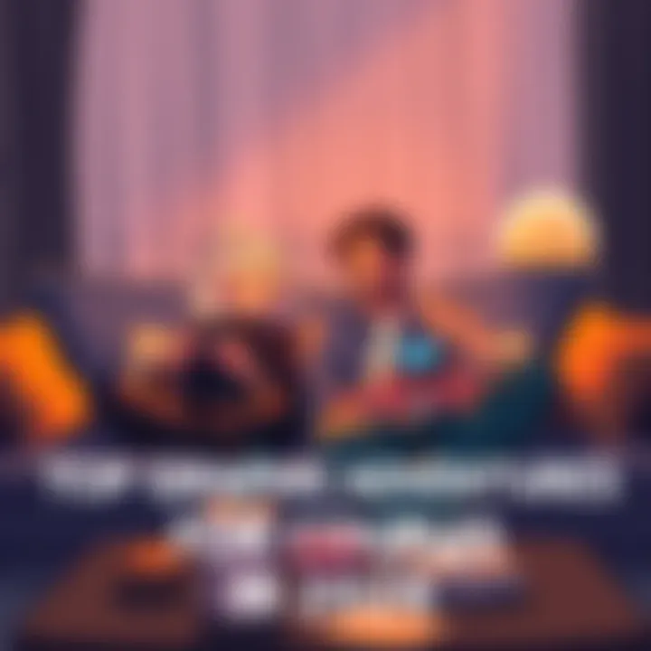 A happy couple playing graphic adventure games on a couch, surrounded by snacks and drinks, enjoying their date night