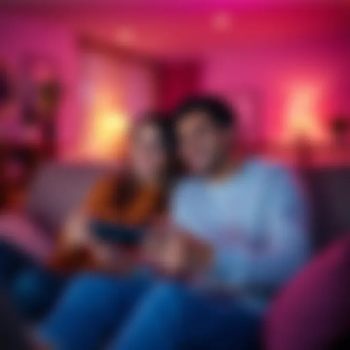 A couple sitting on a couch, playing multiplayer video games on a console, smiling and having fun together.