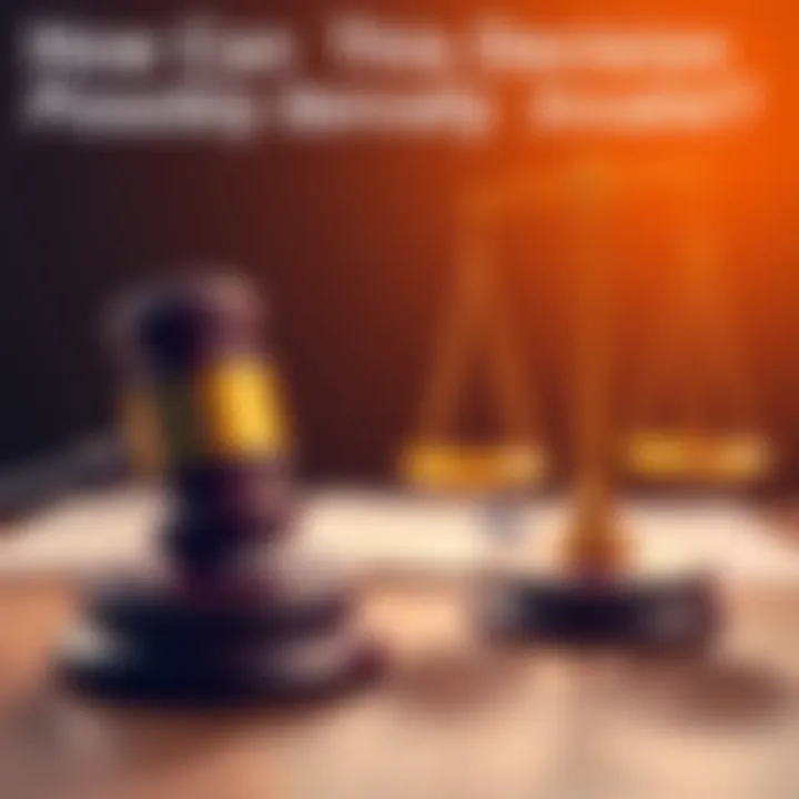 A close-up of a court gavel and balanced scales of justice on a wooden table