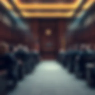 A busy courtroom with a judge, lawyers, and jurors seated, highlighting the trial process