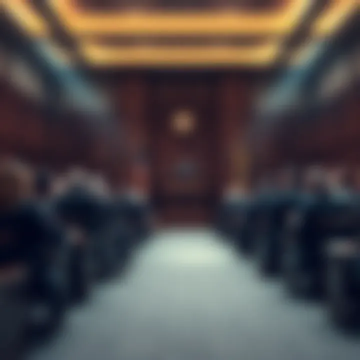 A busy courtroom with a judge, lawyers, and jurors seated, highlighting the trial process