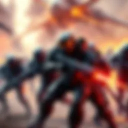 Covenant Soldiers in Battle Covenant soldiers clash in an intense battle scene, showcasing their advanced technology and fierce combat skills during the Civil War.