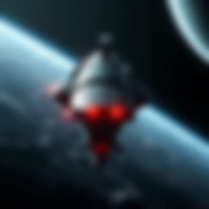 A large futuristic spaceship, resembling a cruiser, gliding through space with stars in the background.