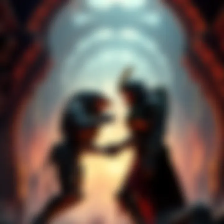 A scene depicting a Covenant Prophet character in a dramatic moment, surrounded by intricate alien architecture, highlighting a tense interaction.