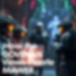 Covenant soldiers gathered around a holographic display depicting Master Chief, showcasing their perceptions and discussions about him.