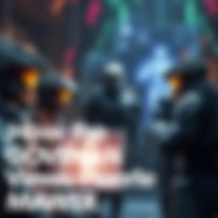 Covenant soldiers gathered around a holographic display depicting Master Chief, showcasing their perceptions and discussions about him.