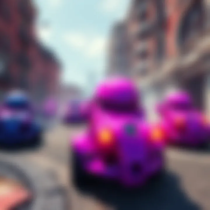 Colorful Covenant vehicles in game Bright purple Covenant vehicles displayed in a game scene, highlighting visual contrast with the environment.