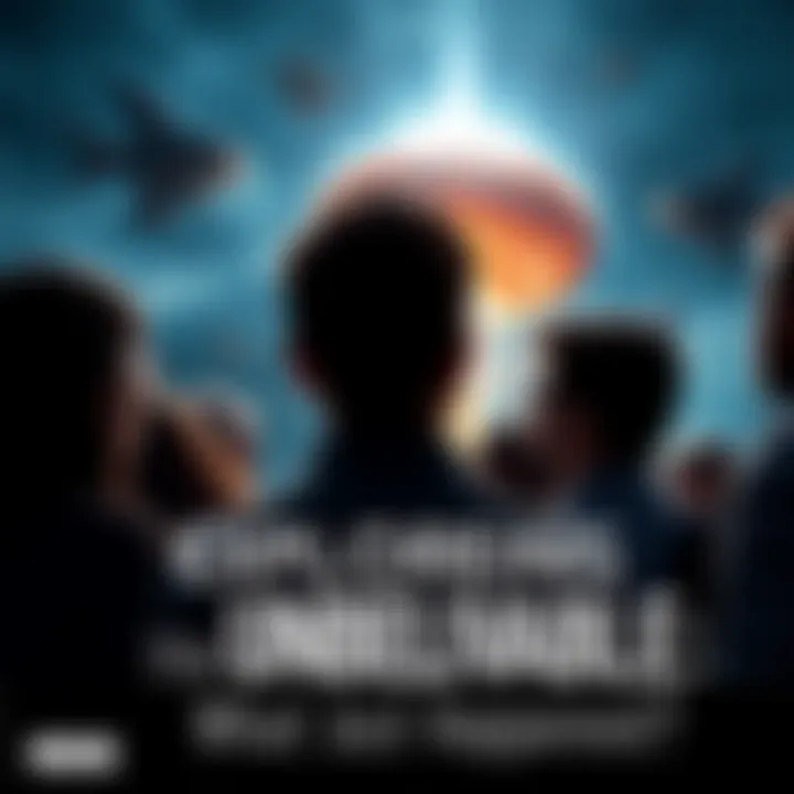 A crowd of people gazing at a strange phenomenon in the sky, expressing surprise and curiosity