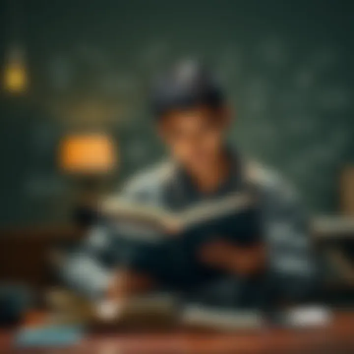 A person sitting at a table, reading a book with a thoughtful expression, surrounded by simple diagrams and notes to illustrate complex ideas.