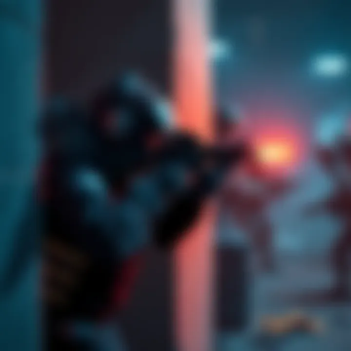 A player takes cover behind a wall in a tactical shooter game, aiming at an enemy target while planning the next move, showcasing fast-paced action and strategic positioning.