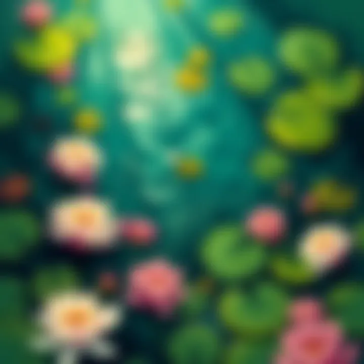 The cover art shows a serene pond surrounded by vibrant lilies, with mysterious shadows hinting at adventures below the surface.