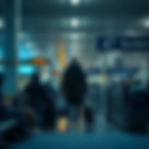 A man in a dark coat discreetly walking through a busy airport border checkpoint, blending in with travelers.