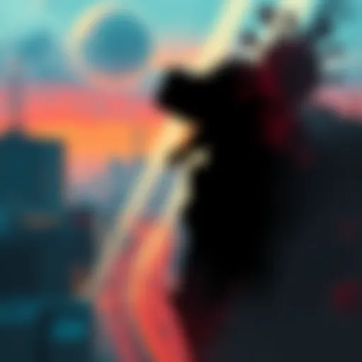 A shadowy figure representing Covidmancer looms over a bustling cityscape, symbolizing economic uncertainty and potential disruptions.