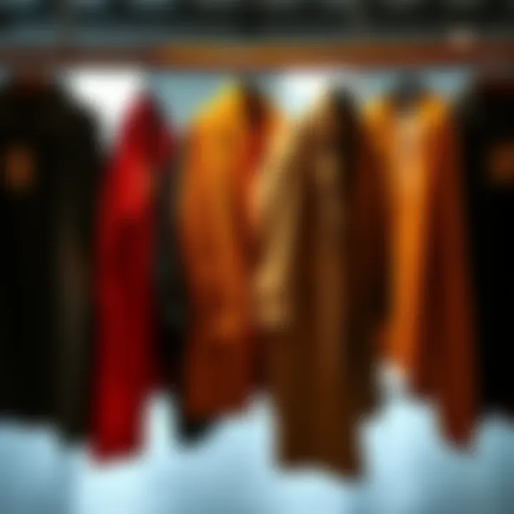 Cowboy Long Coat Options A selection of unique long coats suited for cowboy outfits displayed on hangers, showcasing different styles and colors.