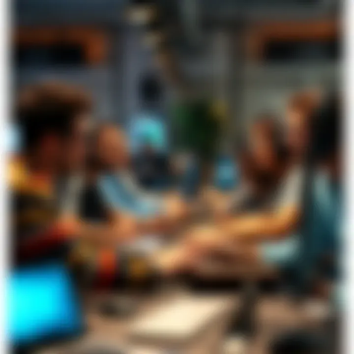 A group of coworkers engaged in fun browser games at their desks, laughing and competing in a friendly atmosphere.