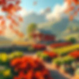 A serene farming scene with colorful crops, a small farmhouse, and peaceful scenery, depicting a relaxing gameplay experience.