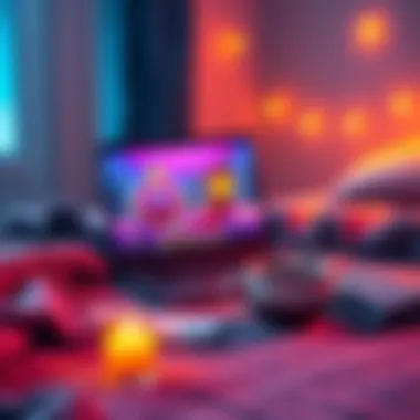 Cozy Game Selection A peaceful gaming setup with a laptop displaying a colorful cozy game, surrounded by a warm cup of tea and cozy blankets.