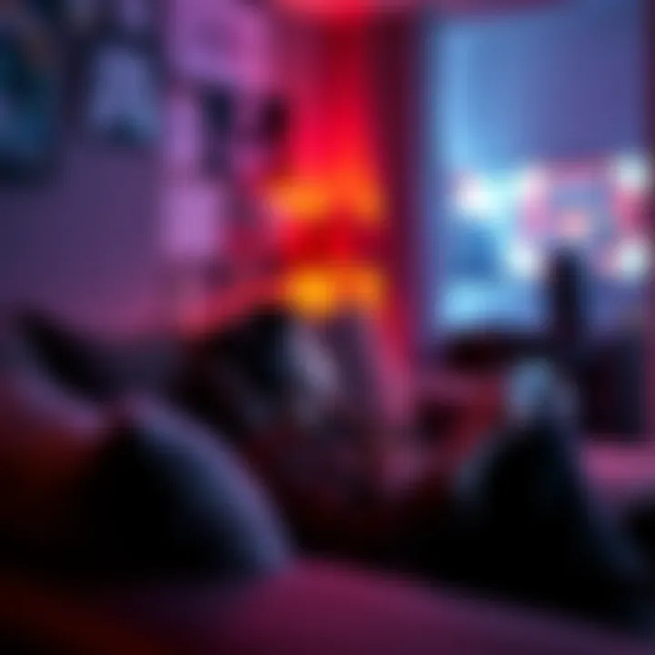 A person relaxing on a couch, playing a video game on a console with a warm light illuminating the room.