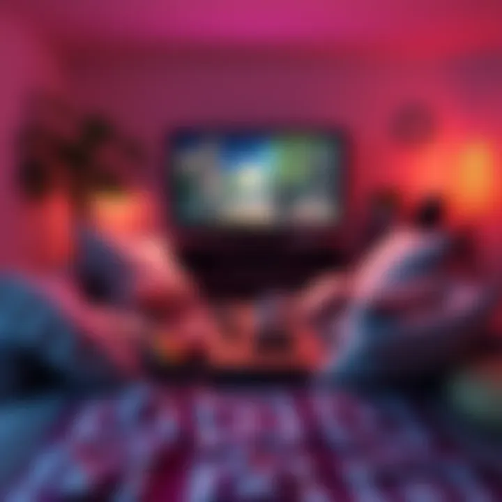 A comfortable sofa with a gaming console, snacks, and a TV showing an RPG scene, perfect for bed-bound recovery