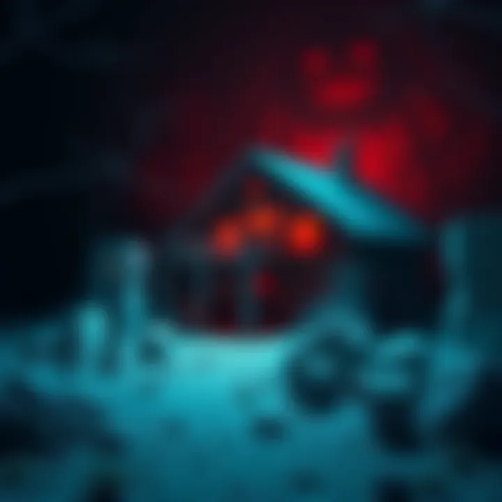 A cozy base built in a dark, ominous environment with shadows and eerie elements surrounding it.