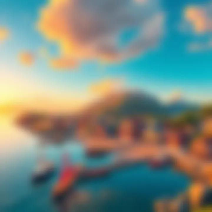 Cozy Coastal Game Scene A serene beach landscape with a small coastal town, featuring colorful houses and a lively harbor. The sunset casts a warm glow over the scene, inviting players into a relaxing game world.