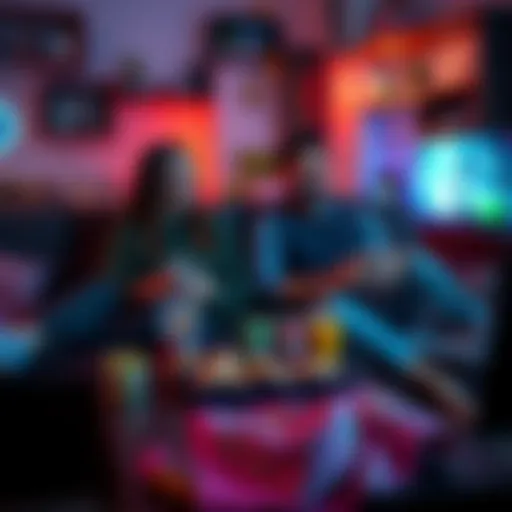 A couple enjoying a cozy gaming session on a couch, surrounded by snacks and drinks while playing video games together