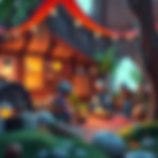 A peaceful crafting scene with characters gathering resources and building in a colorful, inviting environment