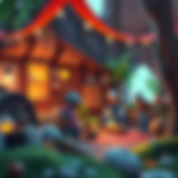 Cozy crafting game scene A peaceful crafting scene with characters gathering resources and building in a colorful, inviting environment