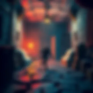 Cozy Dungeon Combat Scene A player engages in real-time combat in a dungeon, with a cozy safe space in the background for retreat.