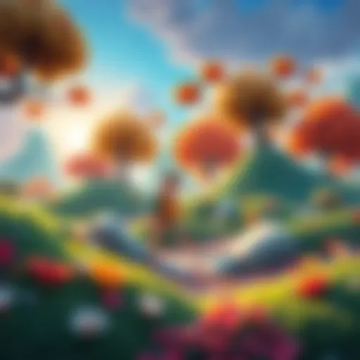A colorful landscape featuring a friendly character exploring a vibrant world filled with trees, flowers, and crafting elements.