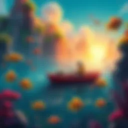 A serene scene showing a character fishing from a small boat in a colorful 2D world, surrounded by various fish and vibrant biomes.