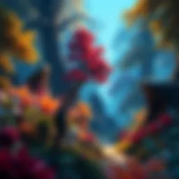 A serene landscape with a character exploring a vibrant forest filled with colorful plants and creatures, reminiscent of a cozy game world.