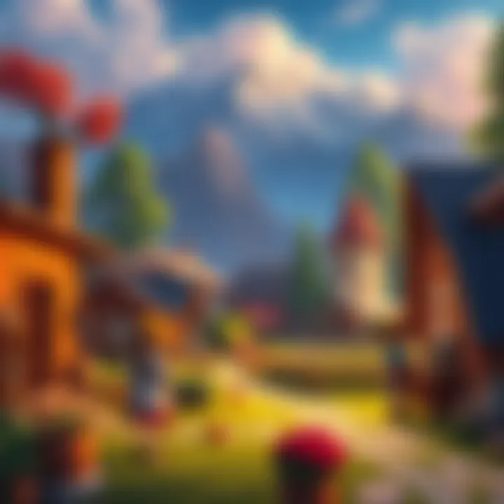 A peaceful game setting showing a colorful village with characters engaging in farming and community activities