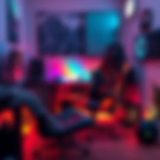 A comfortable gaming corner with a gaming chair, desk, colorful lights, and gaming accessories