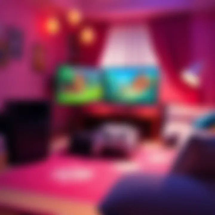A peaceful gaming setup featuring a cozy room with a console and games like Stardew Valley and Animal Crossing on screen.